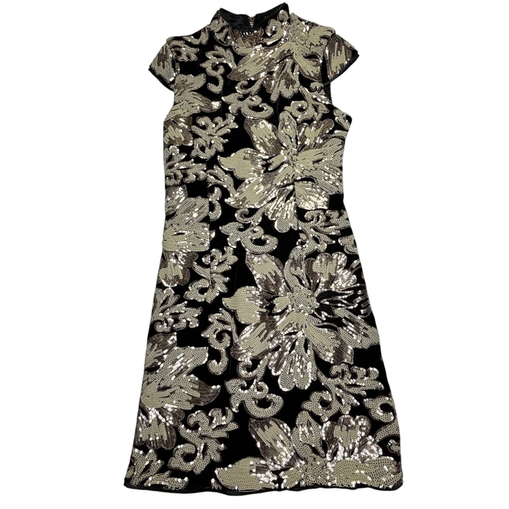 GUESS Velvet Sequin Floral Dress Black Gold Mini Bodycon Party Size‎ Medium